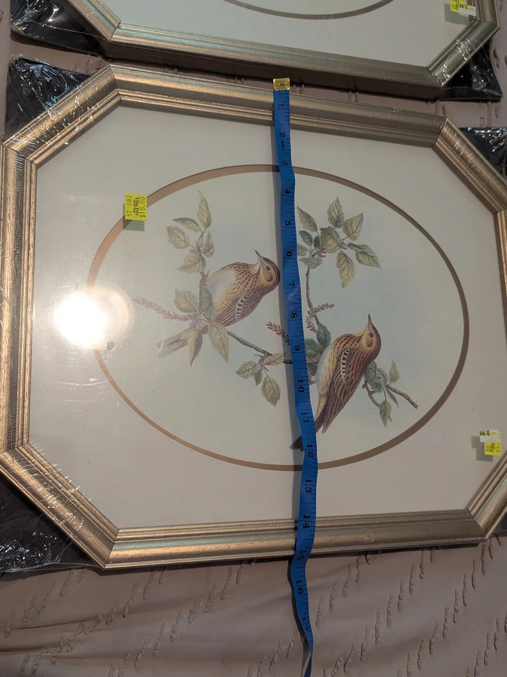 Vintage Mid Century Birds Print Art Octagonal Gold Frame Solid Wood 18x15 Sealed